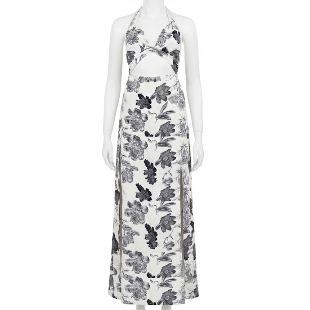 Floral Halter Maxi Dress Sz L Black White Tassel Cutout Side Slit Summer Boho